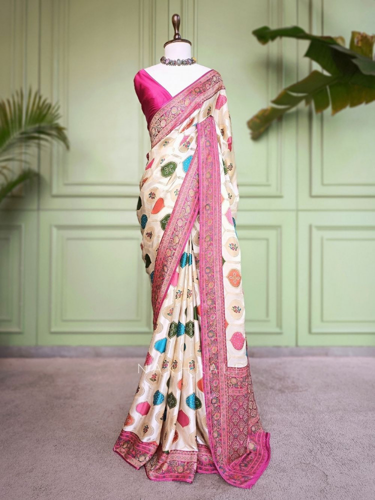 Image of Tarang-Rang Cream Banarasi Silk Saree Patola Zari Weaving