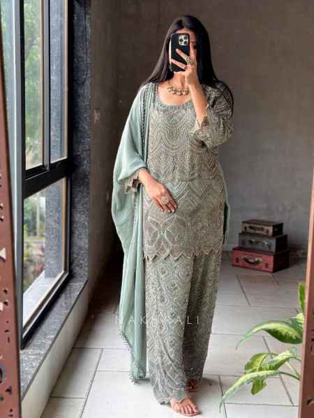 Nayra Sea Green Suit Set with Cut Dana & Bead Work