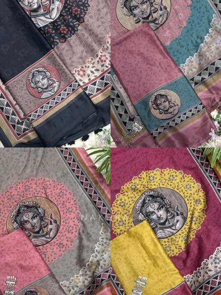 Chitramaya Mustard Modal Silk Kalamkari Dress Material