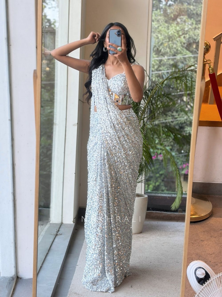 Image of Mirror-Encrusted White Cocktail Drape Saree