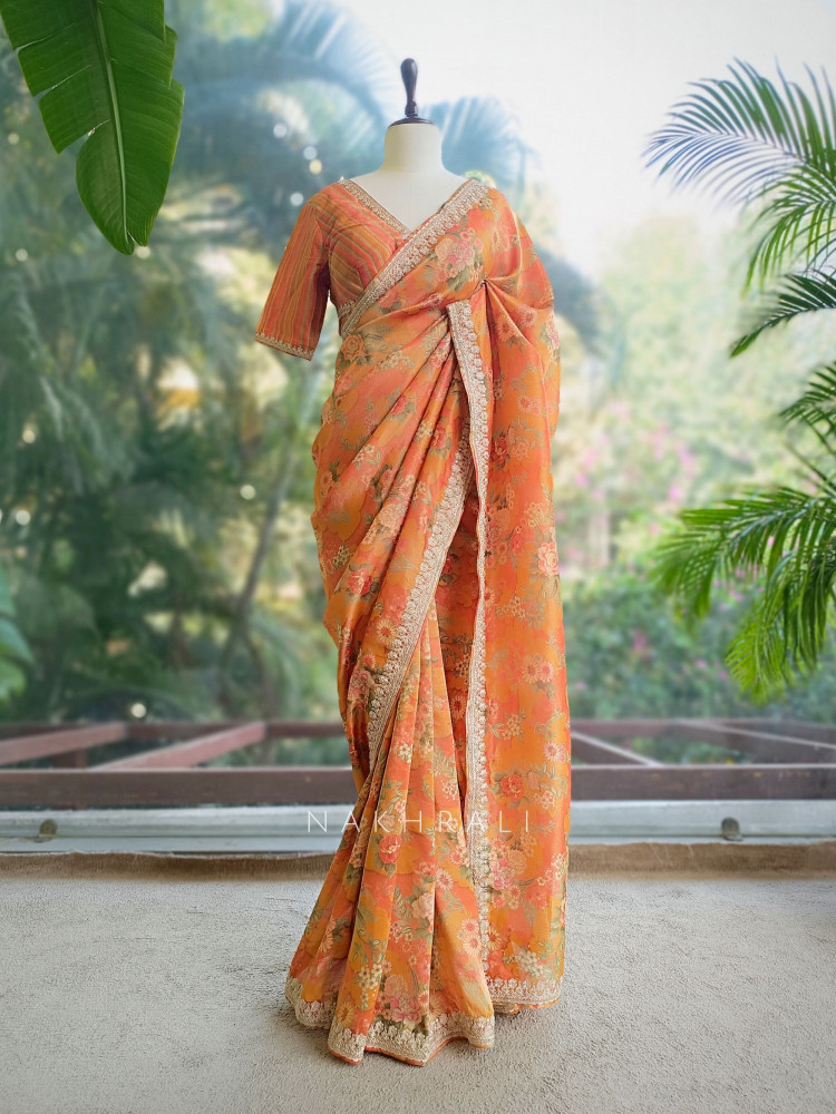 Image of Ishaya Orange Floral Saree with Embellished Border