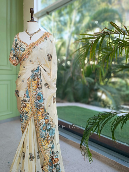 Shikargarh Cream Satin Crepe Designer Saree with Readymade Blouse