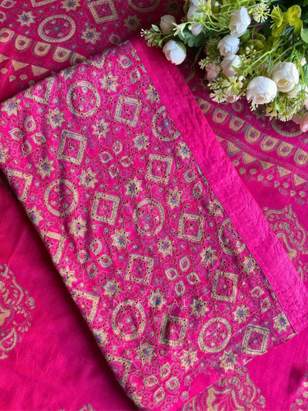 Rivana Magenta Printed Dress Material with Handcrafted Motif Work