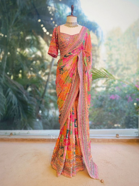 Tamaswini Orange Crepe Saree with Stone, Zari & Sequin Work