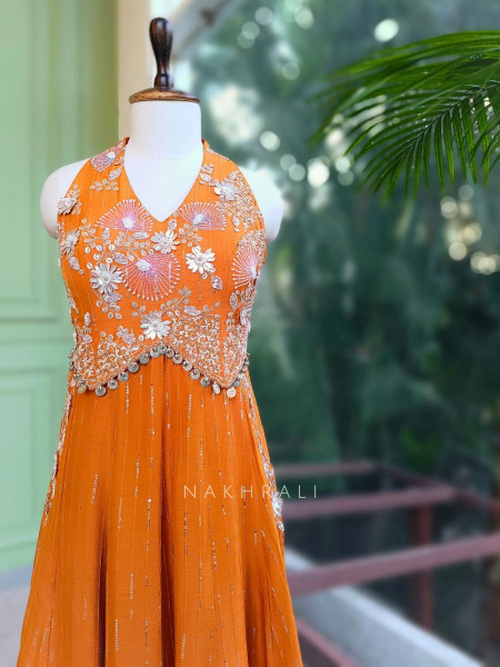 Torvyn Orange Embellished Jumpsuit with Sequin Bead Work