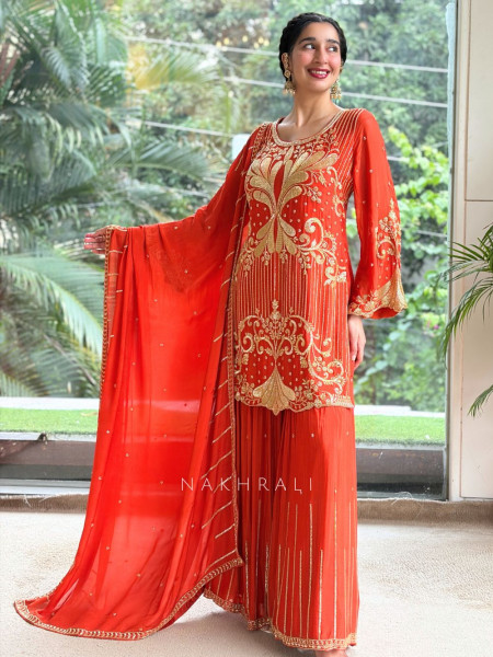 Begum’s Grace Orange Georgette Sharara Suit Set
