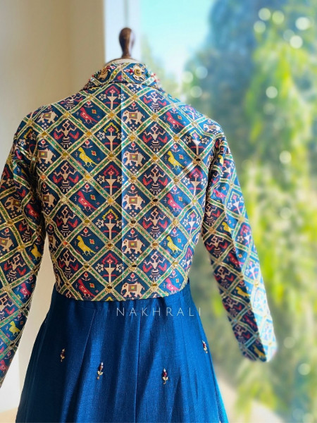 Neelva Blue Anarkali Dress with Printed Jacket