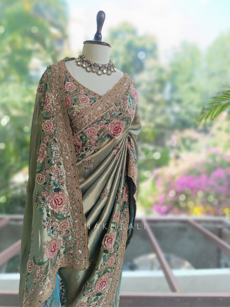 Siya Pista Green Floral Embroidered Saree with Readymade Blouse
