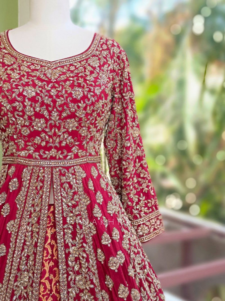 Malhaar Elegance Red Achkan Pattern Lehenga with Zari Sequin Work