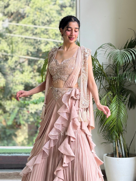 Fiorenne Pink Georgette Indo-Western Lehenga Set with Embellished Crop Jacket