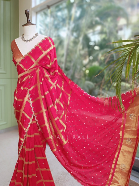 Asmi Red Chinon Silk Zari Check Saree