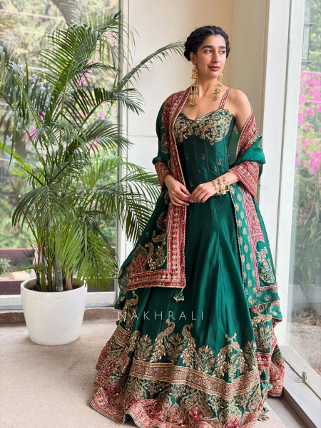 Nirel Green Corset Lehenga with Embroidery and Sequin Work