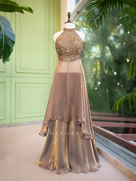 kyara Brown Indo-Western Palazzo Set with Cut Dana Embroidery