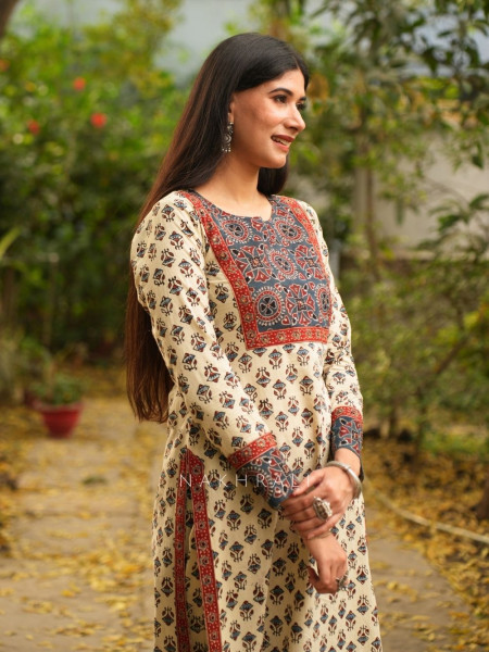 Yasmin Beige Cotton Kurta Pant Set with Sequin Work