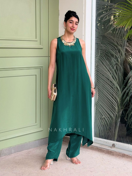 Nivara Green Satin Crepe Pant Kurta Set with Coin Neckline Work