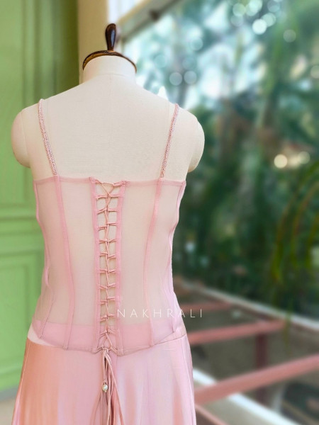Solstice Dual Shade Pink Crop Top Drape Skirt Set with Cape