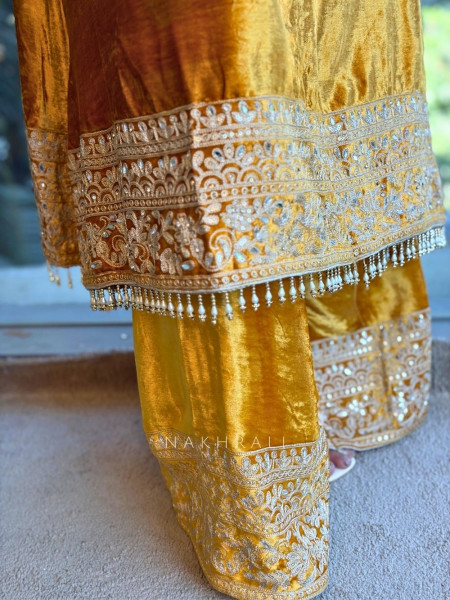Amber Yellow Velvet Suit Set with Sequin Embellishments