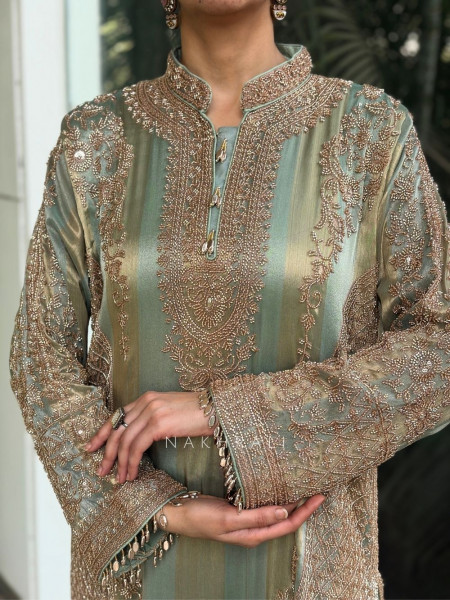 Zariya Sea Green Suit Set with Cut Dana and Zari Work
