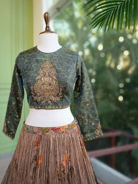 Olive Garden Printed Lehenga with Embroidered Blouse and Sequin Detailing