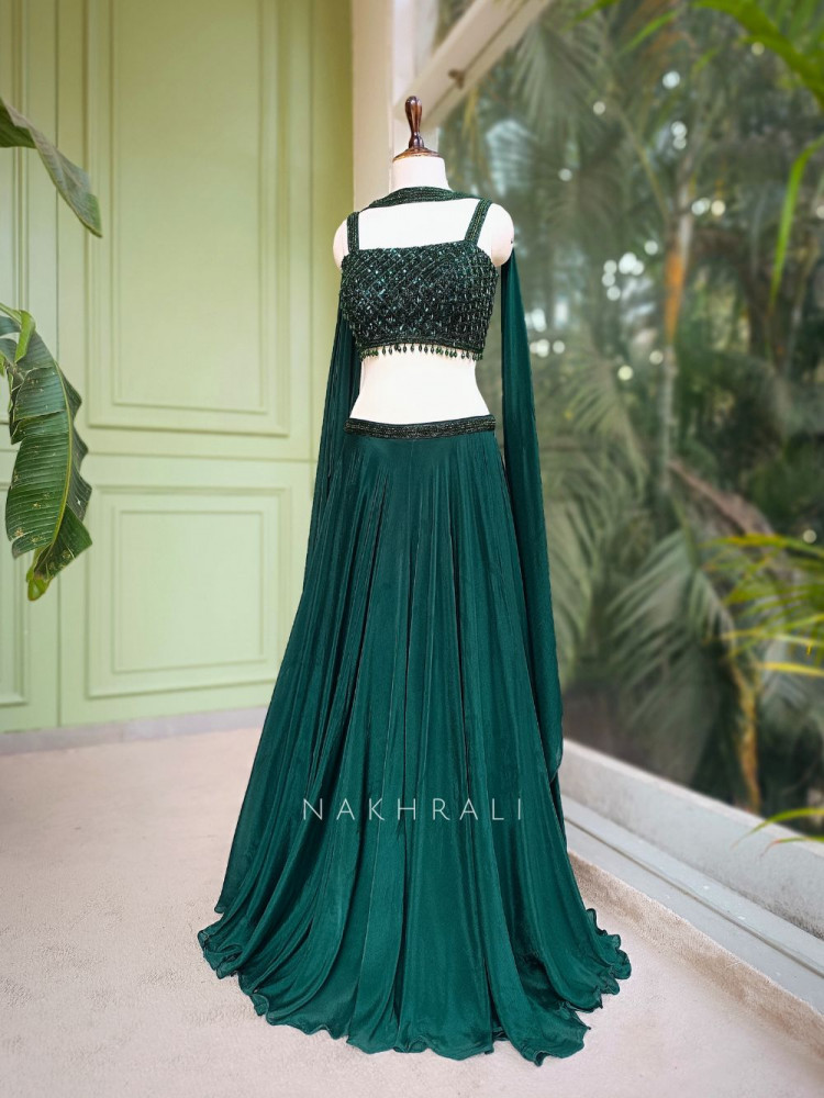 Image of Kaira Green Indo-Western Lehenga Set with Cut Dana &amp; Sequin Work