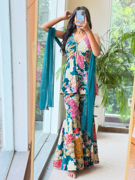 Firdaus Halter Teal Blue Indo Western Palazzo Suit Set With Floral Embroidery