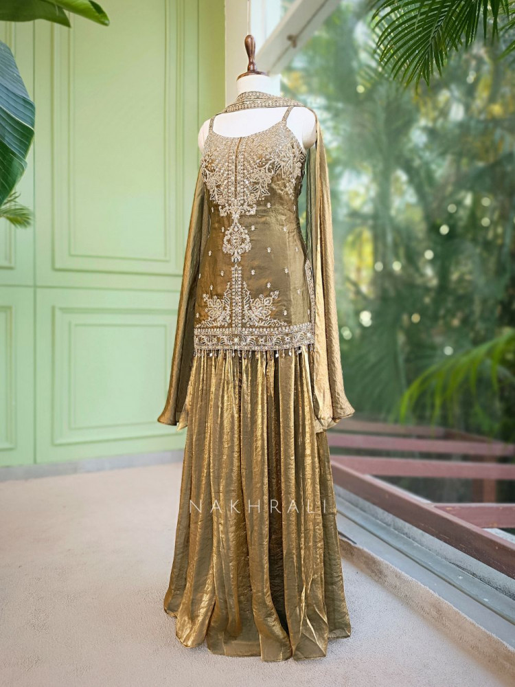 Image of Torin Brown Silk Palazzo Suit Set with Mirror Embroidered Kurti