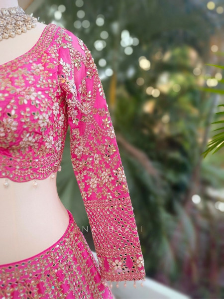 Ravya Pink Mirror and Beads Work Lehenga Set