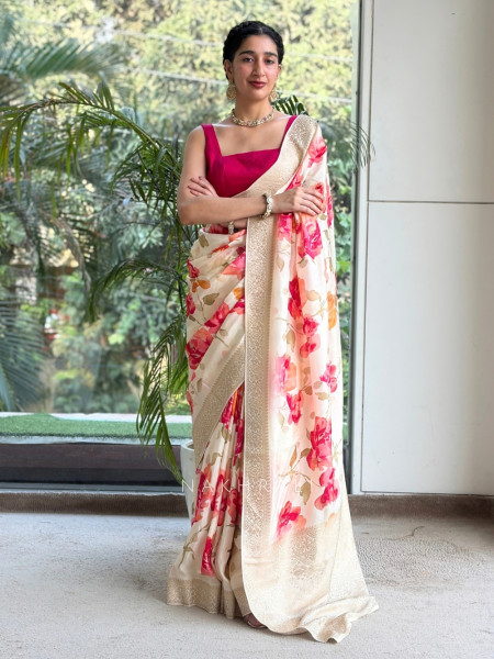 Rose-Vance Cream Georgette & Banarasi Silk Saree