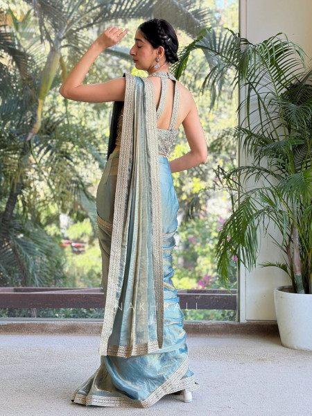 Vayora Teal Blue Drape Saree with Embroidered Blouse and Border Work