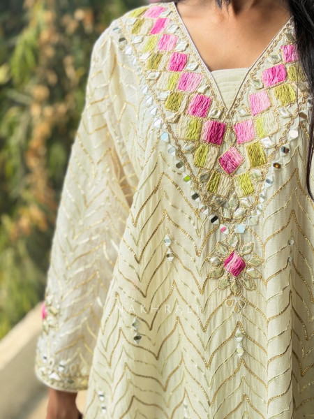 Sivra Cream Pant Kurta Set with Mirror and Thread Work