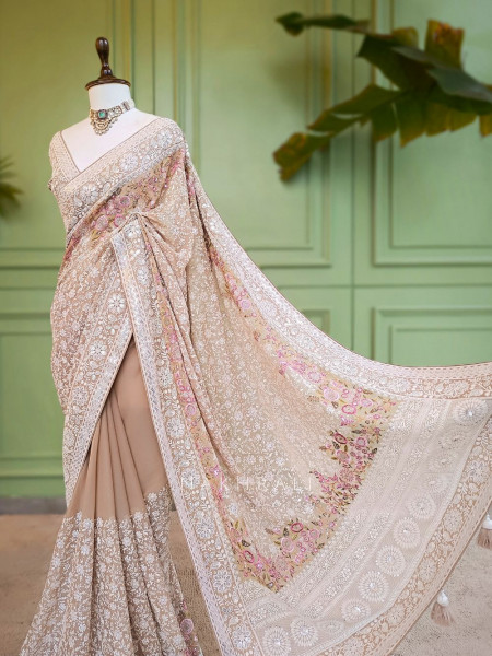 Ecru Grace Brown Embroidered Elegance Saree with Sequin Detailing