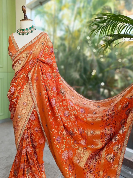 Anant Bindu Orange Bandhani Print Saree with Sequin Border