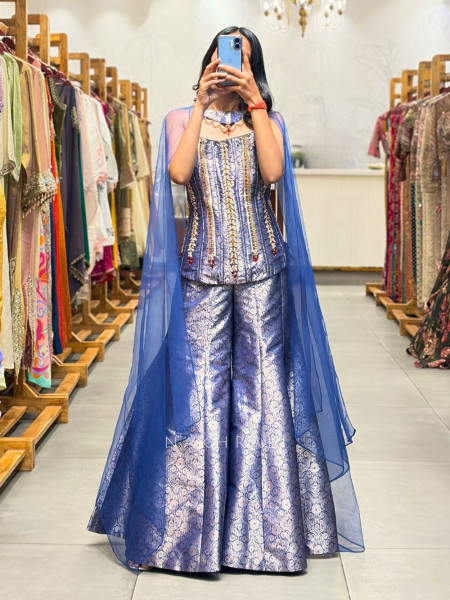 Zarelle Blue Brocade Indo-Western Corset Set with Cape Dupatta