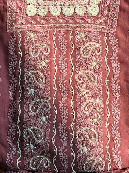 Avarna Peach Pearl Beads Embroidered Dress Material