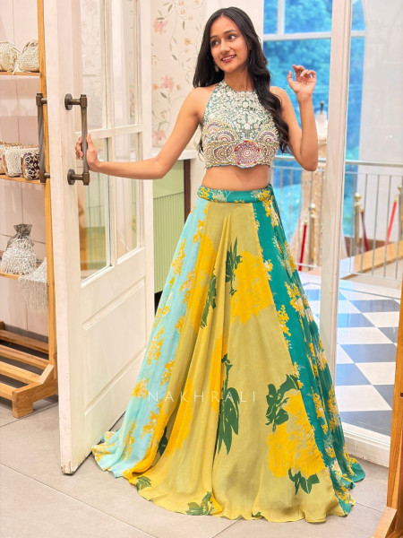 Harit Multicolour Indo Western Lehenga Set with Embroidered Blouse & Printed Skirt