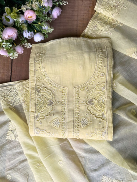 Mridula Yellow Dress Material with Hand Cut Dana Detailing