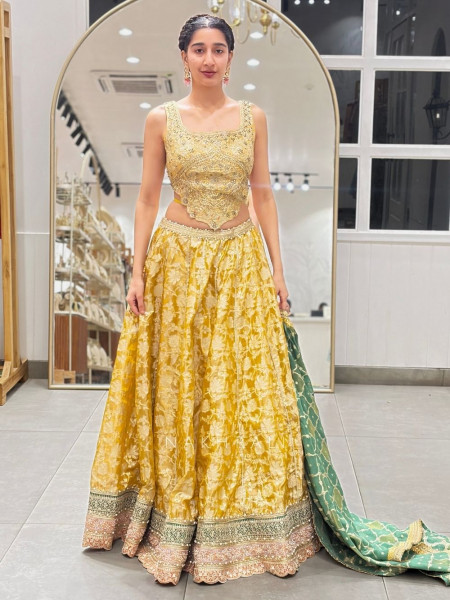 Kaya Yellow Banarasi Silk Indo-Western Lehenga Set