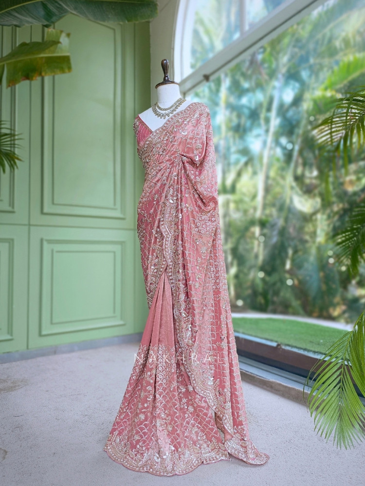 Image of Celestine Pink  Tissue Silk Saree with Running Blouse Piece
