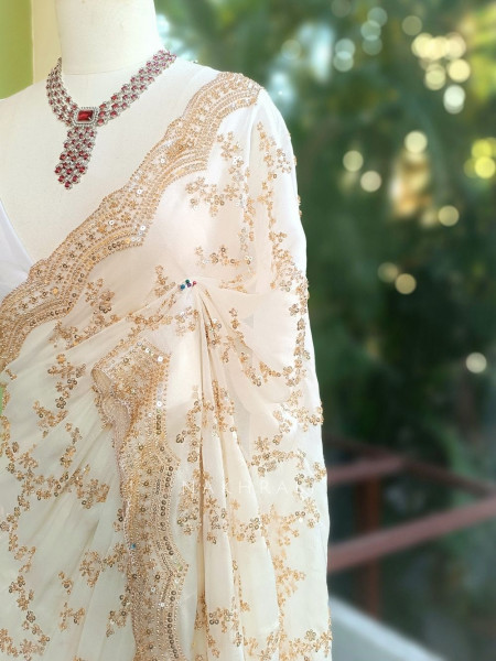 Rimsun Cream Sequin & Bead Embellished Saree