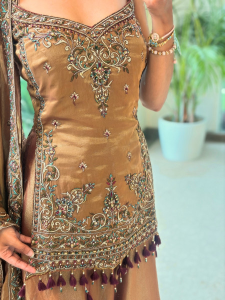 Autumn Dusk Brown Metallic Tissue Silk Kurti Palazzo Set