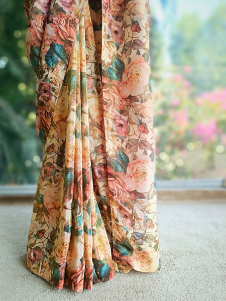 Botanic Luxe Brown Saree with Readymade Blouse