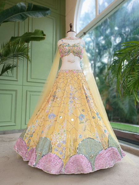Ishvika Yellow Slub Silk & Tulle Carnival Lehenga Set