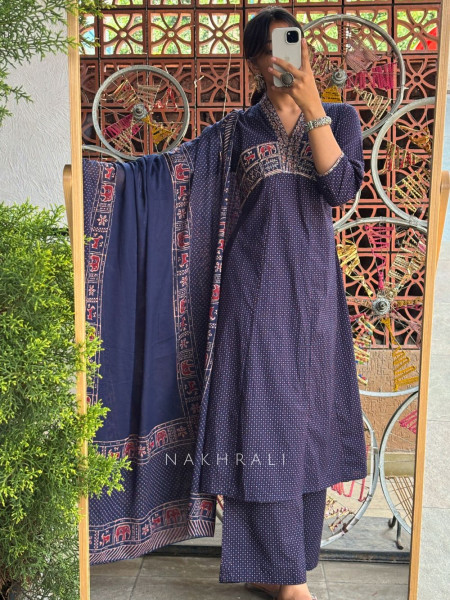 Noor Bel Navy Blue Printed Kurta Pant Dupatta Set