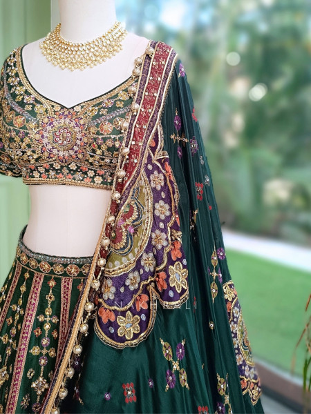 Mrinalika Green Gaji Silk Lehenga Set With Zardozi Resham & Jharokha Work