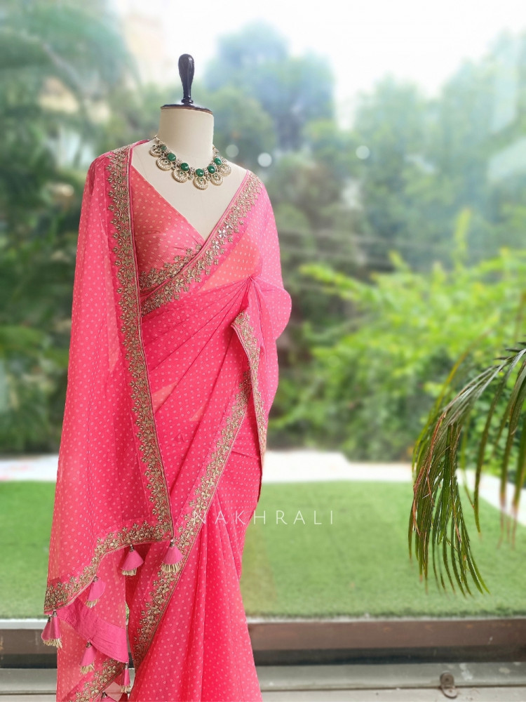 Image of Gulika Rani Pink Viscose Organza Bandhani Saree