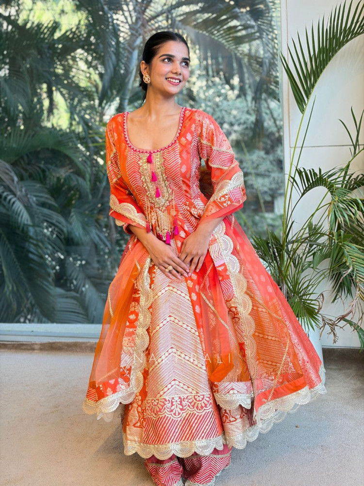 Image of Leela Orange Anarkali Suit Set with Gota &amp; Mirror Work