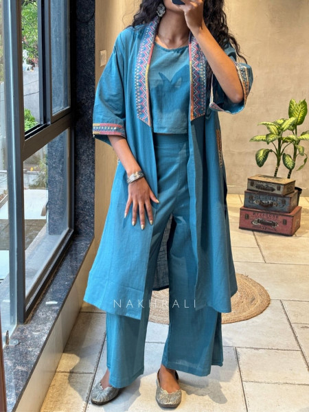 Brivon Blue Co-ord Set with Embroidered Jacket Detailing