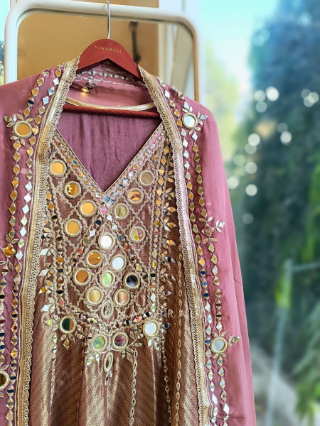 Charika Onion Pink Anarkali with Mirror and Zari Work