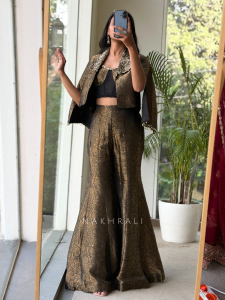 Vesper Black Metallic Brocade Split-Sleeve Indo-western