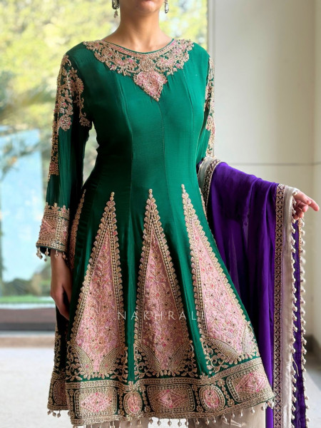 Pravika Emerald Green Silk Blend Short Anarkali Set
